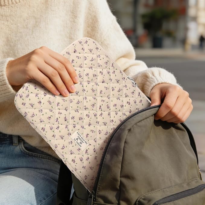 Puffy Laptop Sleeve Case Cute Computer Bag Flower Printed Quilted Laptop Carrying Cases Floral Pattern Protective Cover