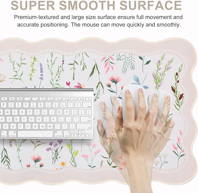 L-SPOUTTO Floral Mouse Pad,Botanical Desk Mat XXL Large Scalloped Gaming Mousepad,35.4x15.7in Non-Slip Keyboard Pad Waterproof Desktop Mat for Laptop Computer Work Game Home Office-Wild Flowers