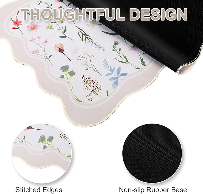 L-SPOUTTO Floral Mouse Pad,Botanical Desk Mat XXL Large Scalloped Gaming Mousepad,35.4x15.7in Non-Slip Keyboard Pad Waterproof Desktop Mat for Laptop Computer Work Game Home Office-Wild Flowers