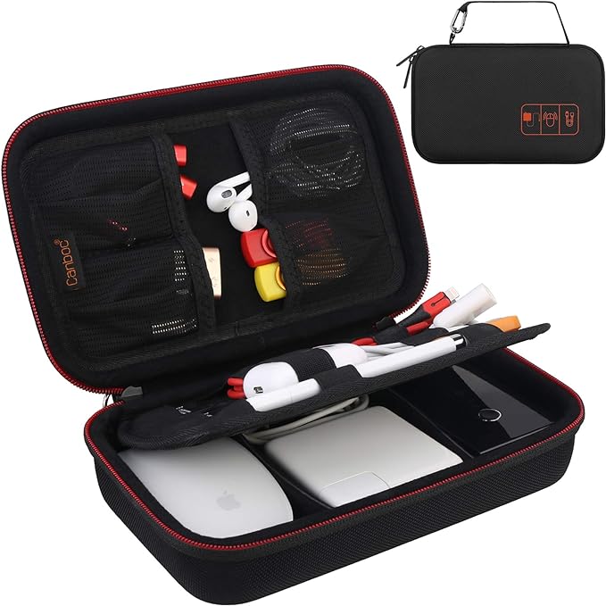 Canboc Hard Electronic Organizer Travel Case Electronics Accessories Cable Gadget Wire Storage Tech Bag Double Layer Shockproof Box for Charger Cord Flash Drive Mouse Apple Pencil Power Bank, Black