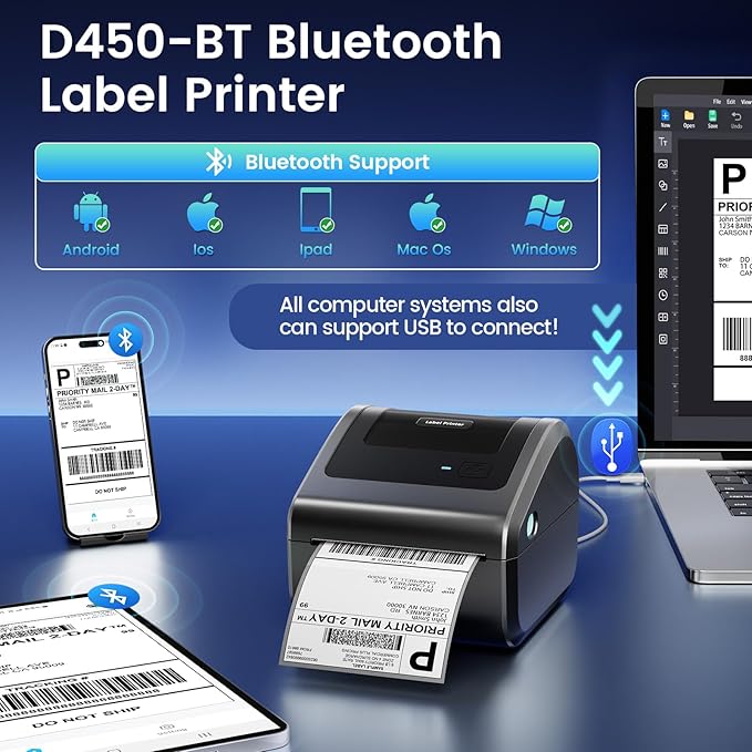 Bluetooth Shipping Label Printer with 3 Roll Labels, D450BT Thermal Label Printer 4x6 for Small Business, Thermal Printers Come with 750PCS 4x6‬ White Labels (250 Labels/Roll)