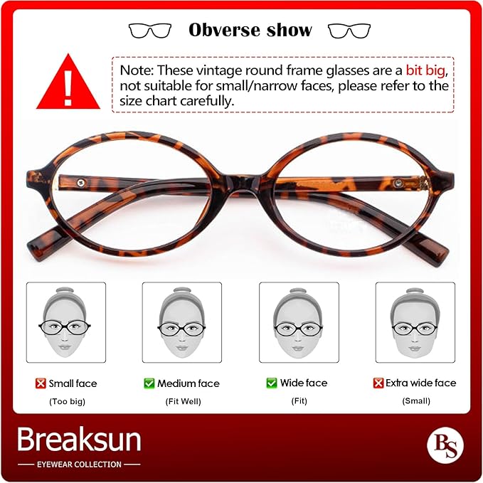 Breaksun Fashion Oval Glasses for Women Men Retro Round Tortoise Frame Blue Light Glasses Nerd Eyeglasses