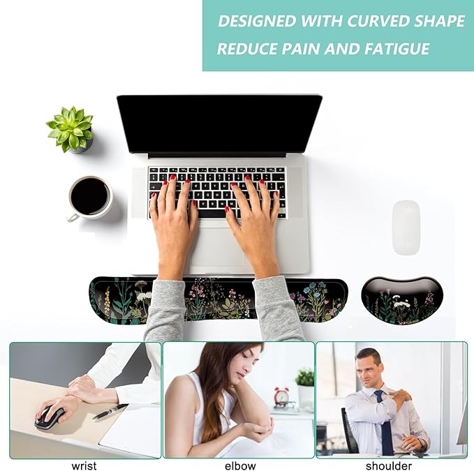 Keyboard Wrist Rest Mouse Wrist Support Set, Memory Foam Wrist Rest Pad for Computer Laptop Keyboard Mouse, Ergonomic Wrist Cushion Support for Typing Pain Relief, Gaming Home Office, Flowers Grass