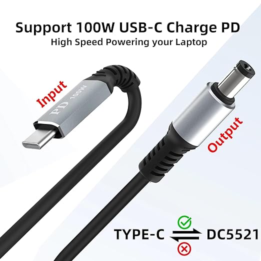 USB C to DC 5.5mm x 2.1mm Power Charging Cord for Laptop (5521), USB Type C Input to DC 20V Output Power Charging Cable, Work with PD Charger and PD Power Bank. Output 20V 5A Max. (9.9FT)
