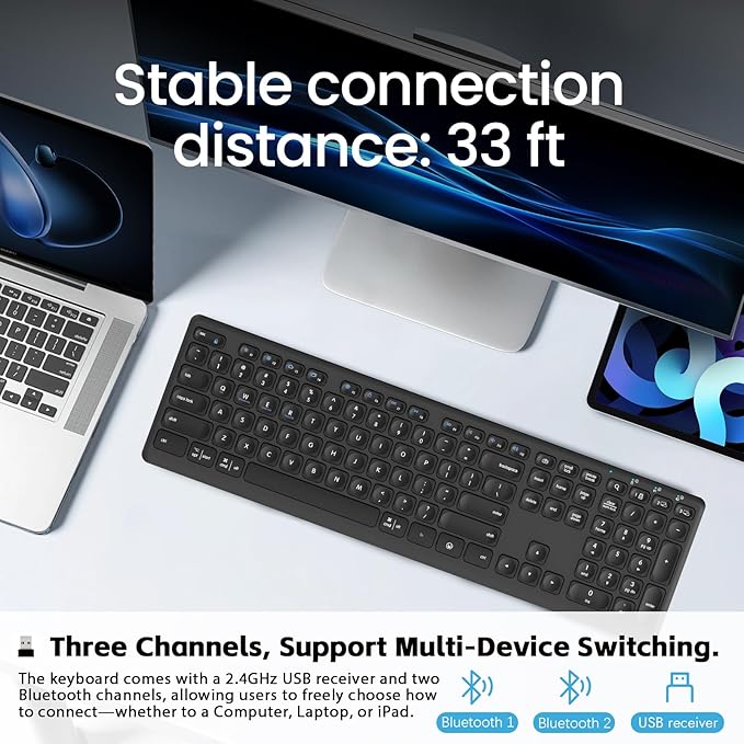 Wireless Bluetooth Keyboard, Support Multi Device Switching, Full Size, Scissor-Switch Keys Silent Design for Computer, Laptop, MacBook and iPad (US layout)