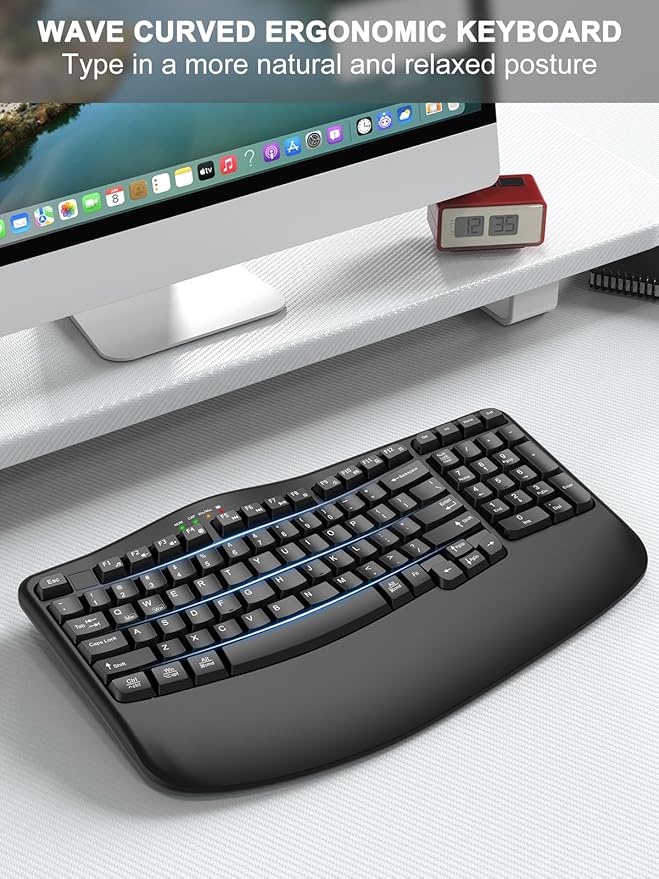 Ergonomic Wireless Keyboard with Wrist Rest, Wave Keys, Comfortable Natural Typing, 2.4GHz Ergo Wireless USB Computer Keyboard for Large Hands, Windows, Mac, Laptop, PC