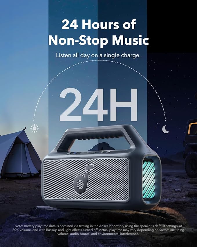 Soundcore Boom 2 By Anker, Outdoor Speaker, 80W, Subwoofer, BassUp 2.0, 24H Playtime, IPX7 Waterproof, Floatable, RGB Lights, USB-C, Custom EQ, Bluetooth 5.3, Portable for Camping and Beach - Blue