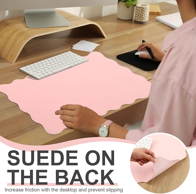 Scalloped Desk Mat Leather Desk Pad Protector Non-Slip PU Leather Table Protector Waterproof Mouse Pad Keyboard Mat Curly Mousepad PC Accessories Gift for Office Home(Light Pink)