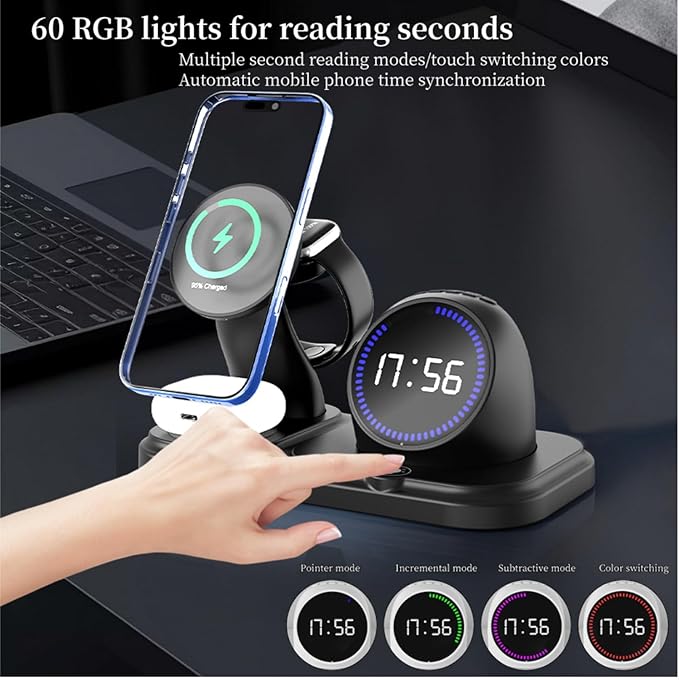 6 in 1 Wireless Charger i-Phone Charging Station: Stand for Multiple Devices for Apples - Compatible i-Phone 17 16 15 14 13 Pro Max Apples Watch Airpods, Design with Wireless Speaker & Clock (Black)