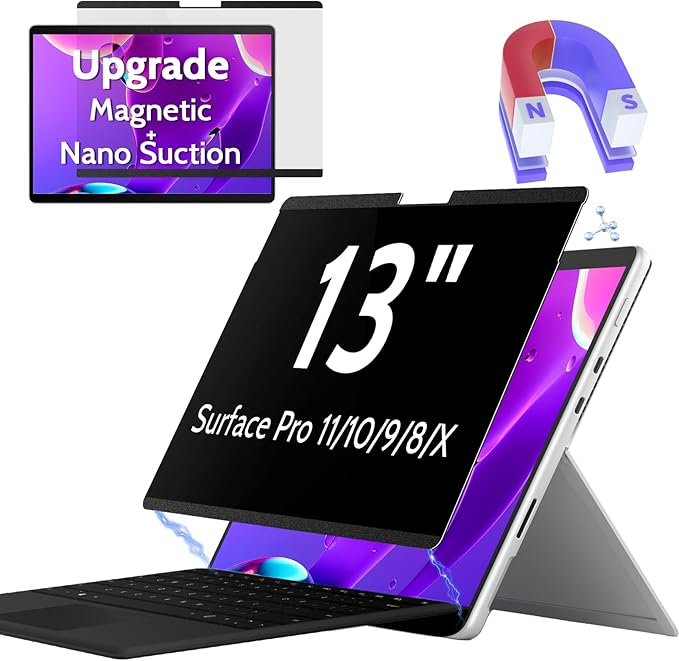 Peslv Magnetic Privacy Screen for Surface Pro 11/10/9/8/X 13 Inch, Removable Anti Blue Light Glare Filter, Black Security Private Apy Block Protector