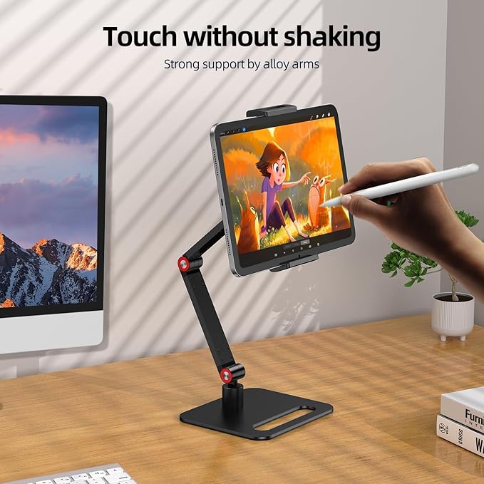 UPERFECT Adjustable Tablet Stand, 360° Swivel & 180° Tilt, Foldable Arm Holder for 4.7–9.87'' Telescopic Clamp, Compatible with ≤18.5'' Monitor/iPhone/iPad/Tablet, Aluminum Alloy, Black