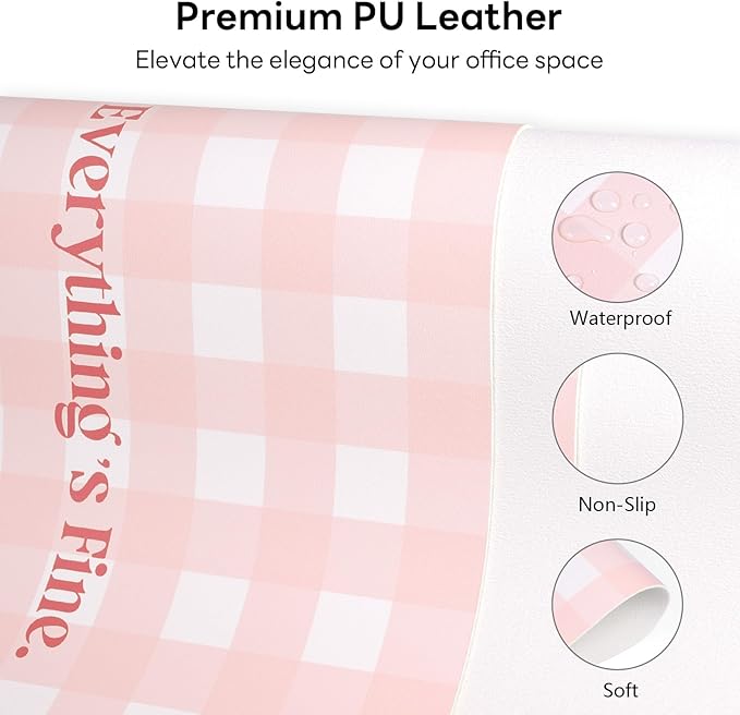 Checkered Pattern Desk Pad Protector, 35.5 x 13'' Aesthetic Mouse Mat for Desktop, Waterproof PU Leathe Non-Slip Desk Writing Pad for Office and Home, Pink and Green