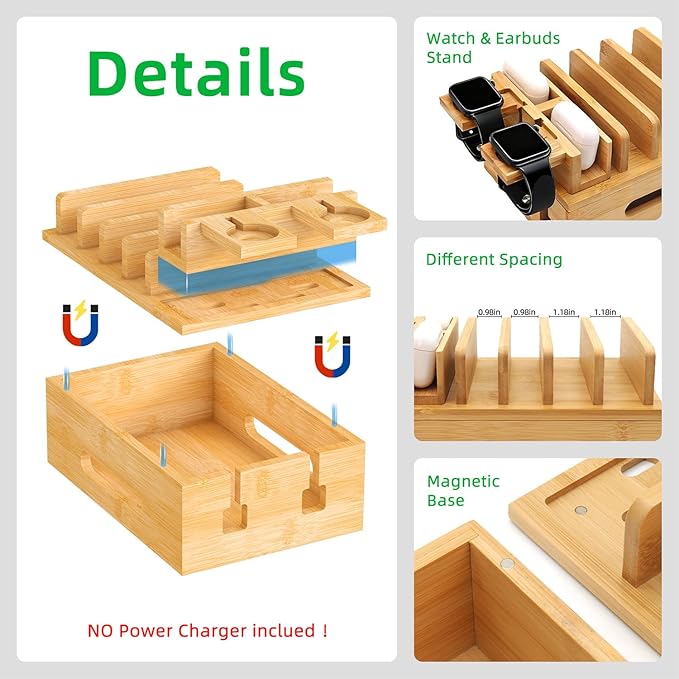 Bamboo Charging Stations for Multi Devices, Wood Desktop Docking Station Charger Organizer for Cell Phones, Tablets, Earphones, Watch (Includes 6 Charging Cables) (No Power Supply)
