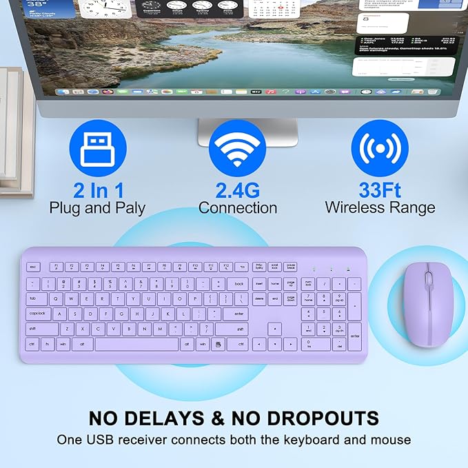 Wireless Keyboard and Mouse Combo, Full-Size Silent Ergonomic Keyboard and Optical Mouse, Long Battery Life, 2.4GHz Lag-Free Cordless Mice Keyboard for Computer, Mac, Laptop, PC, Windows(Purple)