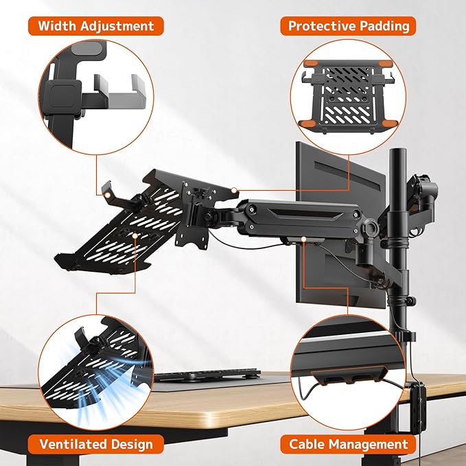 PUTORSEN Laptop Arm Mount for up to 35'' Monitors, Laptop Tray for Max 18'' Notebook, Fully Adjustable Spring Laptop Desk Mount Holds Max 19.8lbs, VESA 75x75/100x100 mm