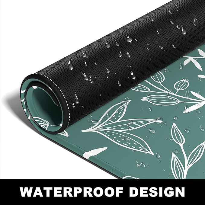 BOSOBO XXL Extended Gaming Desk Mat - Desktop Full Cover 35.5 x 15.7 Inches, Minimalist Green Flowers