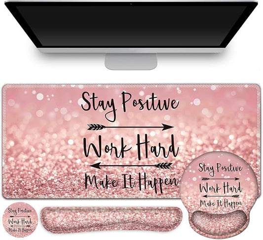 ToLuLu Desk Mat, XXL Large Mouse Pad Wrist Support Set，4 in1 Gaming Mousepad Desk Pad+ Ergonomic Mouse Pad with Wrist Rest + Keyboard Wrist Rest+Coaster for Women Home Office Table, Pink Stay Positive