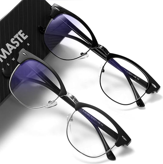 Blue Light Blocking Glasses Vintage Half Frame UV Clear Lens Anti Eyestrain Computer Gaming Glasses for Women Men (E-matte Black Silver+bright Black)