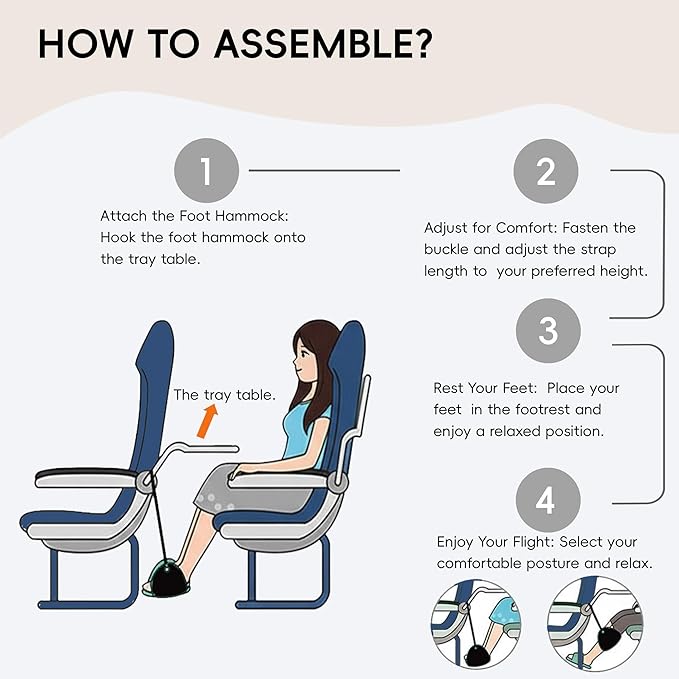 Foot Hammock for Plane Travel, Airplane Foot Hammock, Adjustable Foot Rest Sling, Airplane Gadgets Travel Essentials for Long Time Flight (Black)