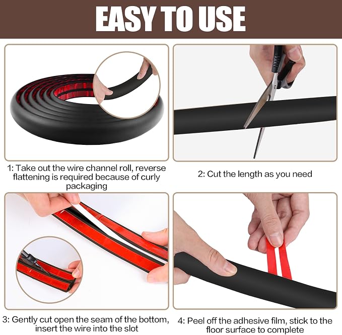 Floor Cord Cover Self Adhesive Cord Hider,3.3FT Cable Management, Extension Strip Protector for Wires, Prevent Cable Trips for Offices, Gyms, Exhibitions Cavity:0.51"(W) x 0.3"(H) Black - Image 8