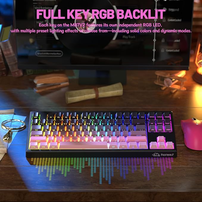 M87V2 Wireless Keyboard, Low Profile Quiet Typing Membrane Gaming Keyboard with 80% TKL Layout Side Printed Keys, RGB Backlit, USB C Rechargeable,87 Keys PBT Keycap for Windows PC,Mac,Linux-Blackberry