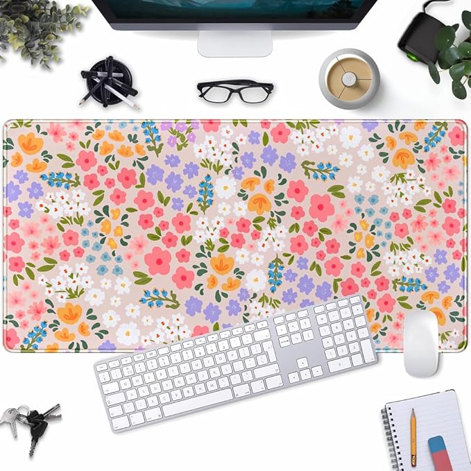 Floral Desk Mat Large Keyboard Pad, Pink Mouse Pad Women Girls Flowers Large Mouse Pad for Desk Pad Computer Floral Pad Desktop Mat for School Office Home 31.5" X 15.7"