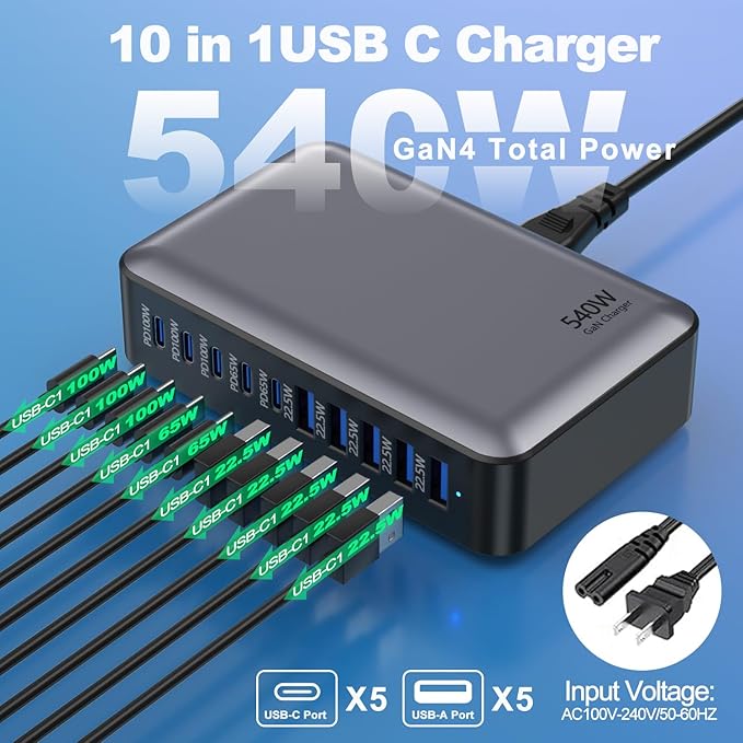 USB C Fast Charger Block, USB Charging Station 540W, PD 100W Laptop Charger, GaN Charging Block, 10 Port Multi Port Charer Hub Compatible with Laptop,MacBook,iPad,iPhone,Samsung Galaxy,Dell