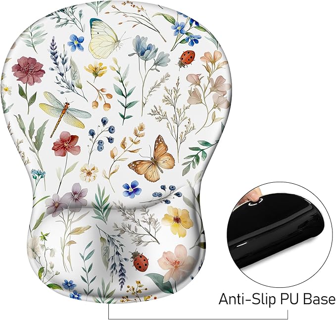 Blusabaca Mouse Pad with Wrist Rest, Butterfly Flower Ergonomic Mousepad Wrist Support for Desk, Gaming Mousepads for Wireless Mouse Computer Laptop Work Home Desk Accessories Office Supplies Decor