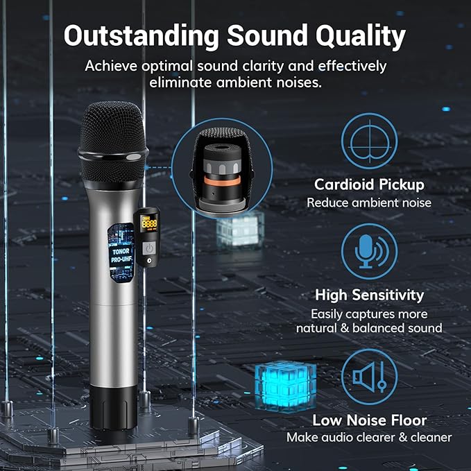 TONOR Wireless Microphones System, 8 * 12 Channel Metal Professional UHF Cordless Dynamic Handheld Mics with Receiver for Home Karaoke, Meeting, Party, Church, Wedding, KTV, 90 m/295ft, TW-880 Silver