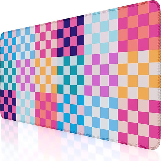 iLeadon Desk Mat Cute,Computer Desktop Mouse Pad,Colorful Checkered Desk Mouse Mat Extra Large,Long Full Rubber Base Mousepad with Stitched Edges,Keyboard Mat for Women Office,Home