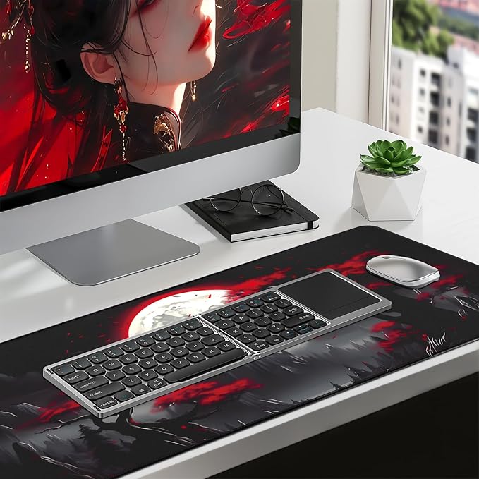 Large Gaming Mouse Pad, Anime Black Mousepad with with Non-Slip Base, Expanded Cool Desk Mat, Mountain Moon Scenery XL Keyboard Mat Suitable for Home Office,35.4 X 15.7 Inch