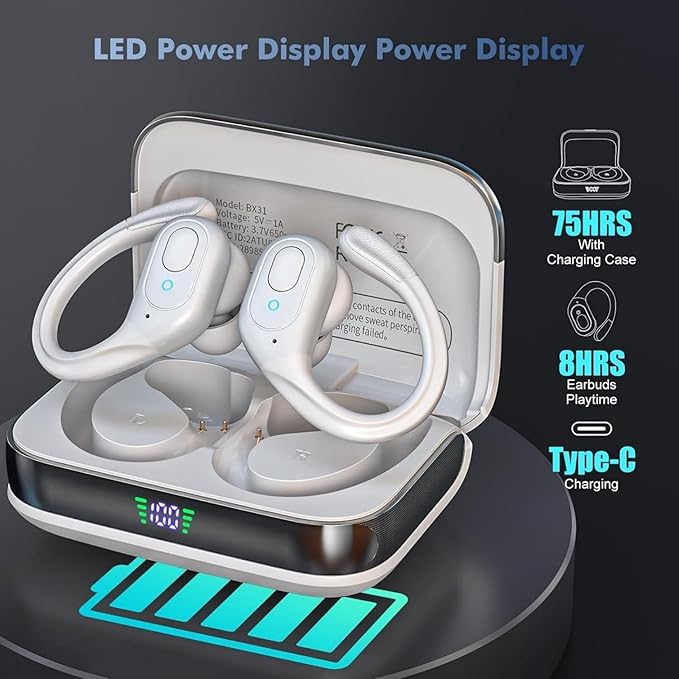 Bluetooth Headphones Wireless Earbuds with 75Hrs Playback, LED Display Charging Case, IPX7 Waterproof, Over-Ear Design Ear Buds for Sports/Running/Workout - White