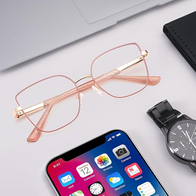 Dollger Red Oversized Square Blue Light Blocking Glasses for Women Trendy Oversized Computer Gaming Eyeglasses Cat Eye Metal Frame bluelight glasses Red Gold