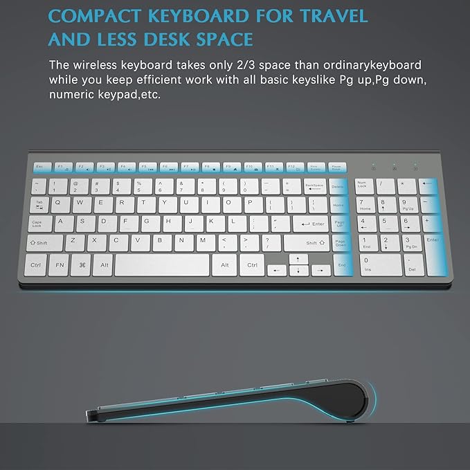 Wireless Keyboard and Mouse, J JOYACCESS Slim and Ergonomic Wireless Keyboard and Mouse Combo,Portable and Comfortable Typing for Laptop/Computer/Desktop/PC-Grey/Silver