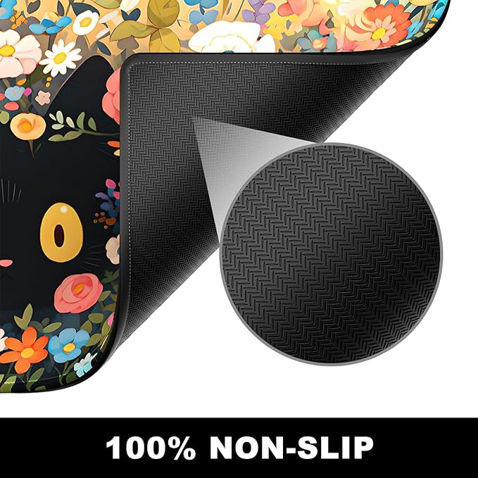 BOSOBO XXL Huge Gaming/Desk Mouse Pad & Keyboard Mat, 35.5 x 15.7 inches - Anime Cat Flower Bush Theme