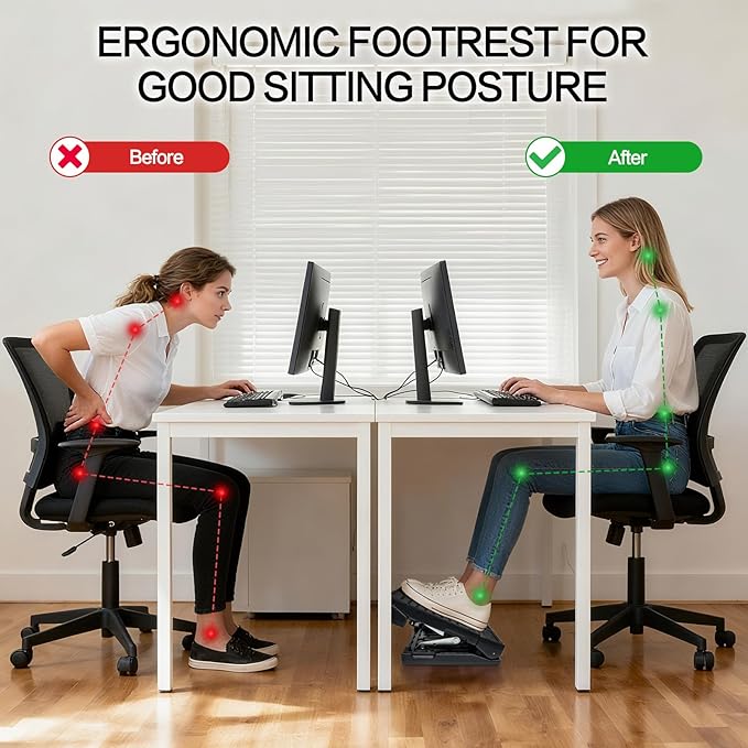 Scalebeard Foot Rest for Under Desk at Work,Height Adjustable Infinite Angle Ergonomic Foldable Footrest for Office, Gaming,Computer, Removable Pad Desk Foot Stool with Massage Beads,All-Season(Black)