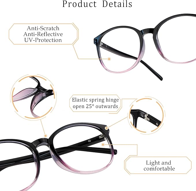 LifeArt Round Blue Light Blocking Glasses, Computer Glasses, Gaming Glasses, TV Glasses for Women Men (Black Purple, 4.25 Magnification)
