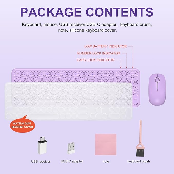 Cute Wireless Keyboard and Mouse Combo Slim 2.4GHz USB Cordless Full Size Silent Retro Keyboard and Mouse Set for PC Computer,Laptop,Windows,Mac,Tablets（Upgraded Violet）