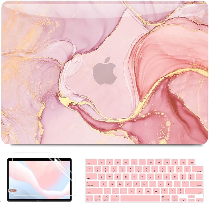BELKA Compatible with MacBook Pro 13 inch Case M2 2025 2024 2023 2022 2021-2016 A2338 M1 A2251 A2289 A2159 A1989 A1708 A1706, Plastic Hard Shell Case+Keyboard Cover+Screen Protector, Pink Gold Marble