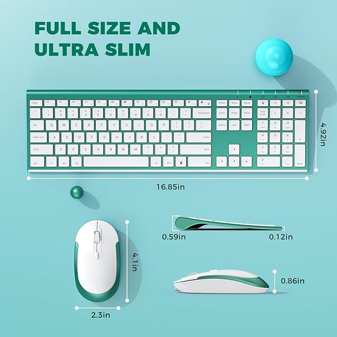 Rechargeable Wireless Keyboard Mouse, Vssoplor Quiet Full-Size Keyboard and Mouse Combo with USB for PC, Windows, Laptop-Blackish Green