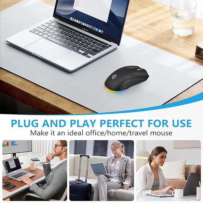 Wireless Bluetooth Mouse, Rechargeable USB Optical Mouse, 3 Adjustable DPI, LED Silent Dual Mode(Bluetooth 5.2 and 2.4G) Wireless Mouse for Laptop, PC, Mac???Ipad???Wide Compatibility. (Black)
