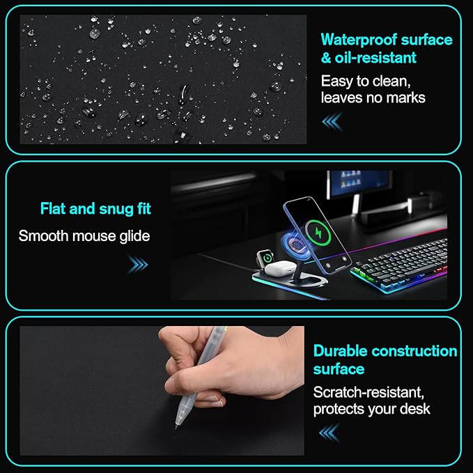 ELUTENG 4-in-1 RGB Gaming Mouse Pad with Phone Holder, Wireless Charging Desk Mat, Waterproof Ultra-Smooth Large Keyboard Pad, Non-Slip Base Home Office Desk Mat 35.43"x15.75"