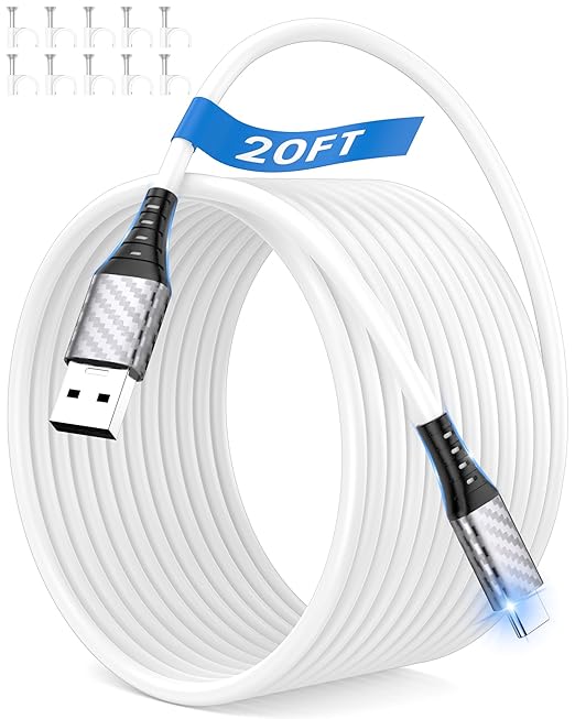 20ft Long USB A to USB C Cable Heavy-Duty for 10W 12W 18W 20W USBA Charger Block for Tapo/TP-Link for Xiaomi/Mi for eufy Security Camera Power Bank Cord Type C USB2.0 Data Transfer Charging Wire White