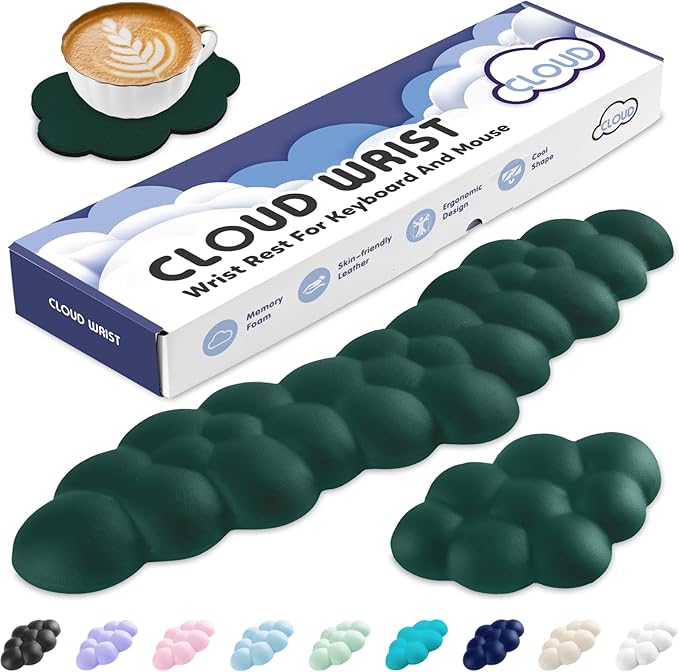 Sushret Cloud Wrist Rest for Keyboard and Mouse, Memory Foam PU Leather Keyboard Wrist Rest with Ergonomic Support, Non-Slip Base, Cute Arm Rest Pad & Palm Cushion, Office Desk Accessory, Dark Green