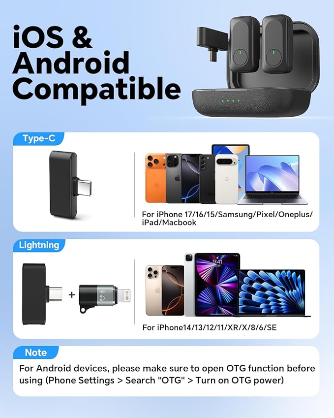 Wireless Lavalier Microphone for iPhone/Android Phone/Laptop/PC, Mini Lapel Mic with 50H Battery Life Charging Case, 100FT Range and Noise Reduction, for Video Recording, Streaming, TikTok