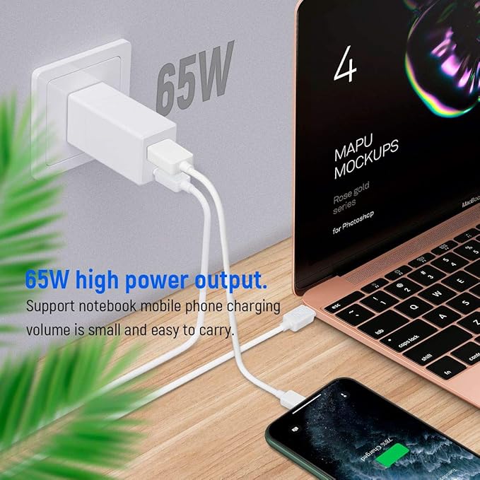 GaN Tech 65W Dual Port PD Wall Charger with 5ft USB C Cable for MacBook, Laptops, iPad Pro, iPhone12, Galaxy, Pixel and More (Black)