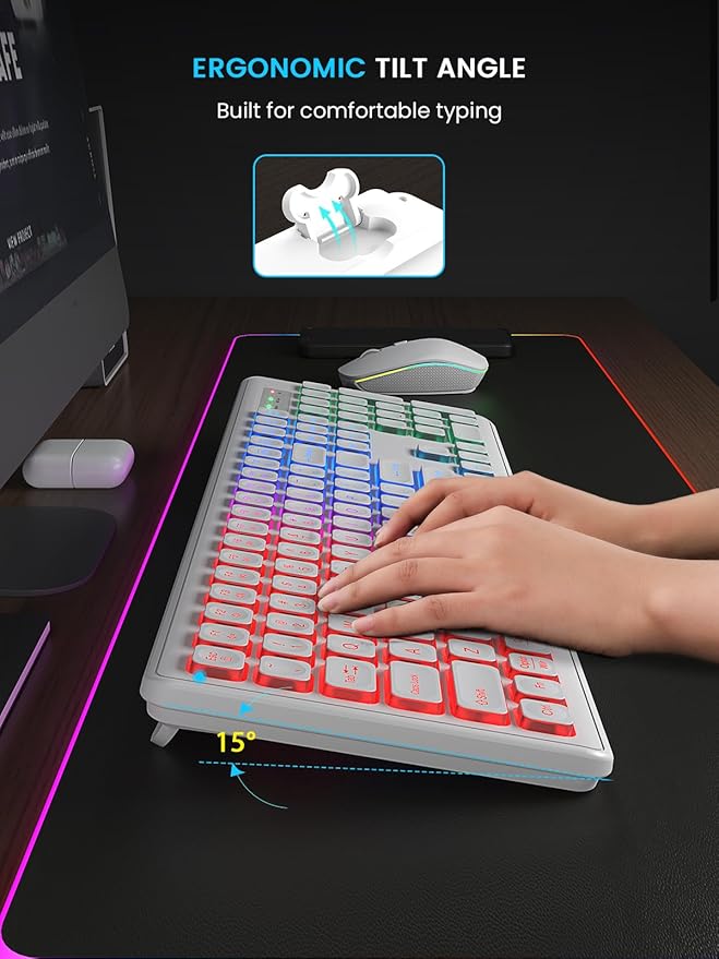 SABLUTE Wireless Keyboard and Mouse Backlit, Quiet Light Up Keys, Tilt Legs, Sleep Mode - Rechargeable USB Cordless Combo for Computer, iMac, PC, Laptop (White)