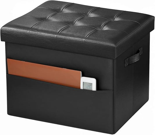 Bsketa Storage Ottoman Foot Rest Stool, Small Leather Storage Ottomans Bench, Folding Foot Stool with Handles Lid, Foot Rest Under Desk for Living Room Bedroom, 17x13x13 in, Black