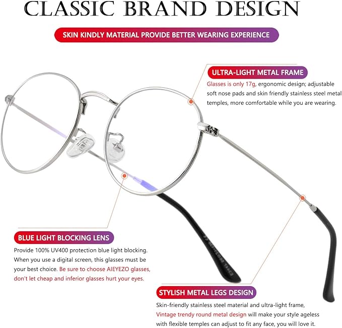 AIEYEZO Blue Light Glasses for Women Men Fashion Retro Circle Wire Frames Eyeglasses Anti-Blue Light Computer Gaming Glasses