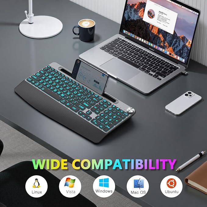 Large Print Backlit Wireless Keyboard with Wrist Rest-Low-Profile,Phone/Tablet Holder,Rechargeable with Light Up Keyboard,Ergonomic Quiet Computer Keyboard for Desktop,Laptop, PC, Mac-Grey